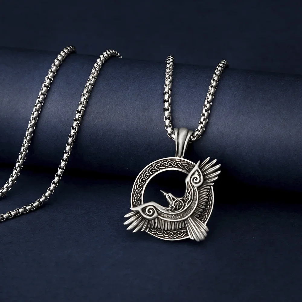 Trinity Celtic Crow Viking Pendant Men's Titanium Steel Necklace Animal The Crow Who Went Out To Check The Water Level Necklace