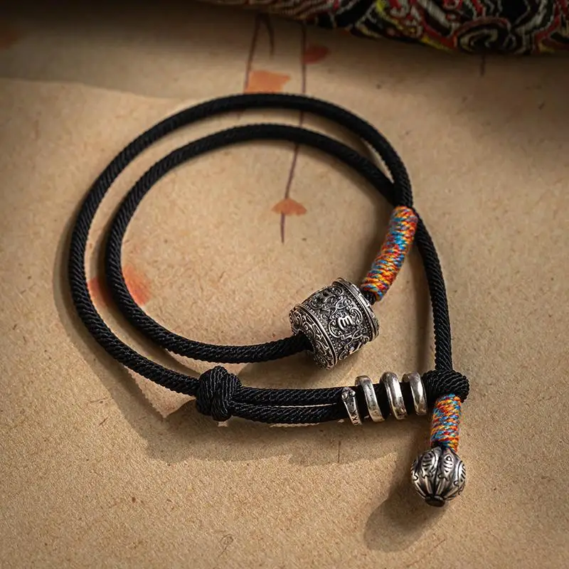 Tibetan Hand-woven HandRope Ethnic Style S925 Sterling Silver Six-character Mantra Lucky Bracelet for Men and Women Hand Jewelry
