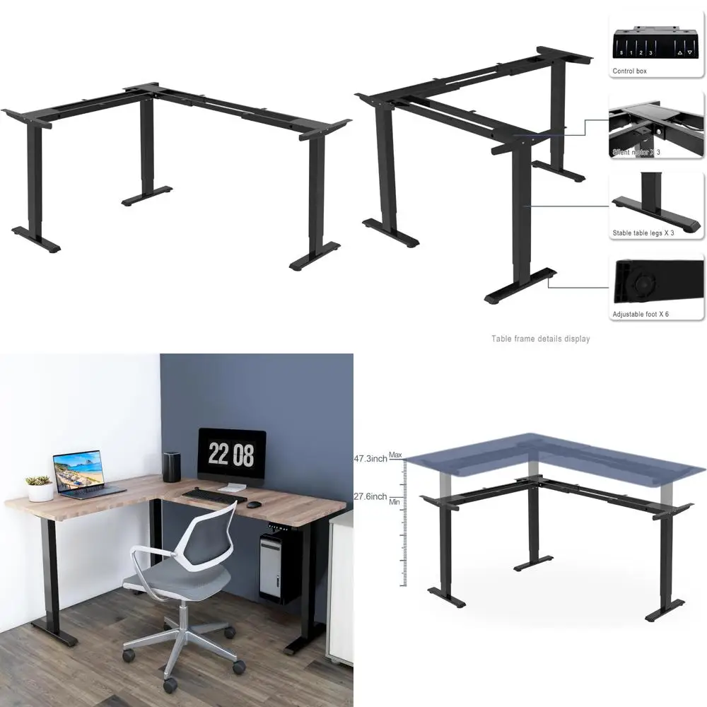 Electric Corner Sit-Stand Desk with Adjustable 3-Leg Frame for Home and Office Use in Black