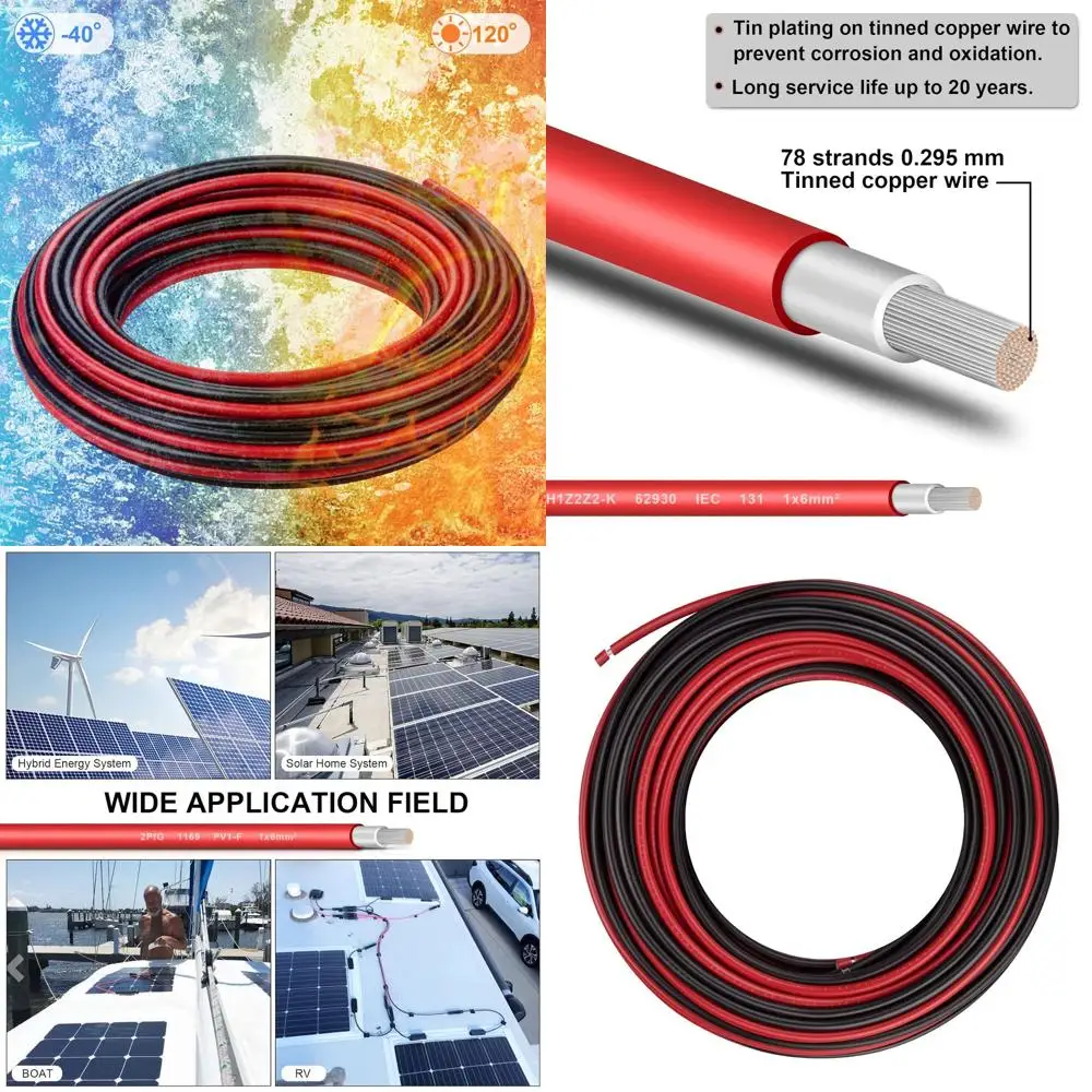 

Кабель-удлинитель для фотоэлектрических систем 10AWG 6мм² из луженой меди - подходит для наружного применения, автодомов, морского транспорта и автомобилей (50 футов, черный и красный, в комплекте)