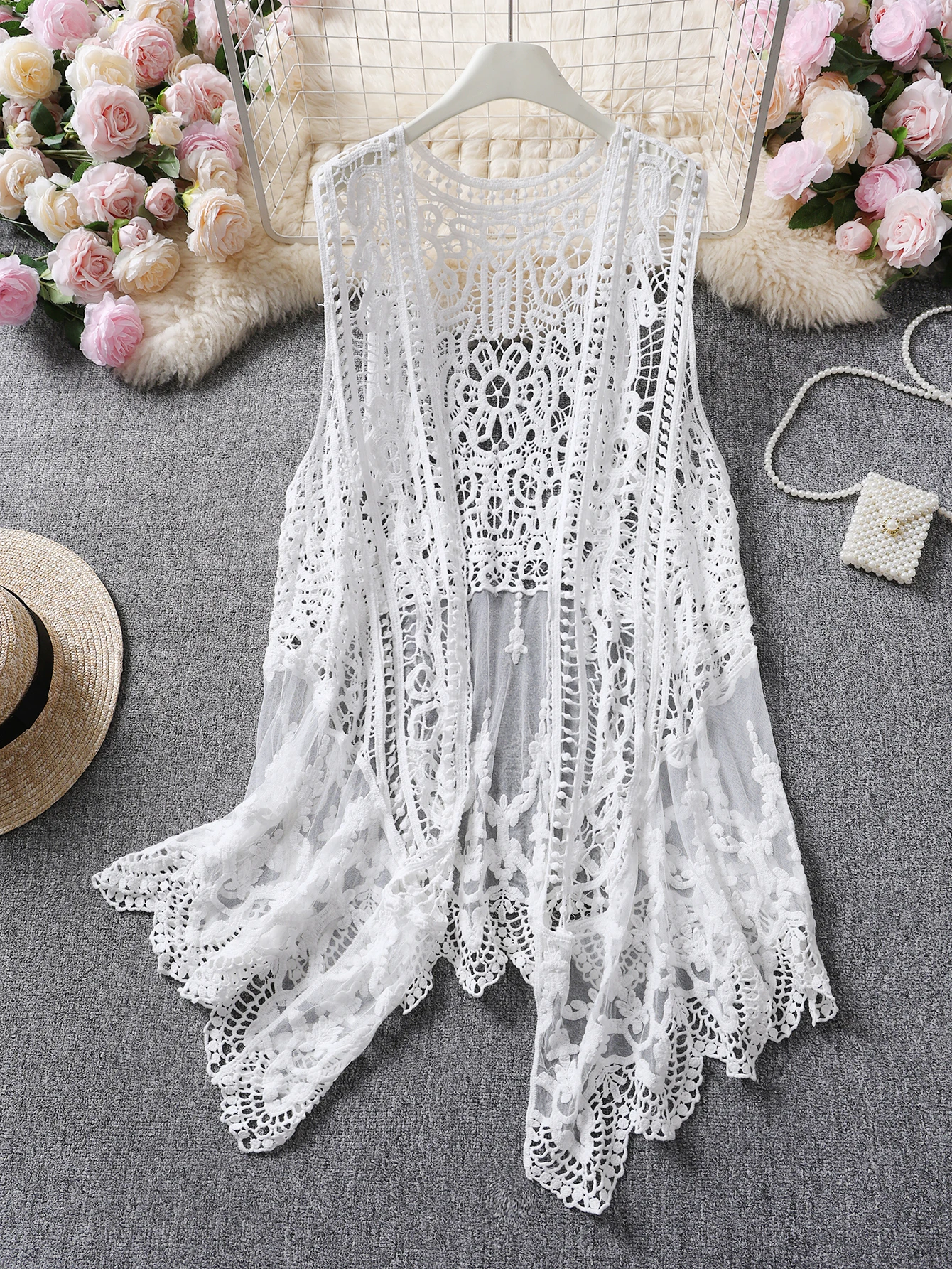 

Women's Long Sleeveless Beach Cover-Up Knitted Open Cardigan Bohemian Style Casual Outerwear