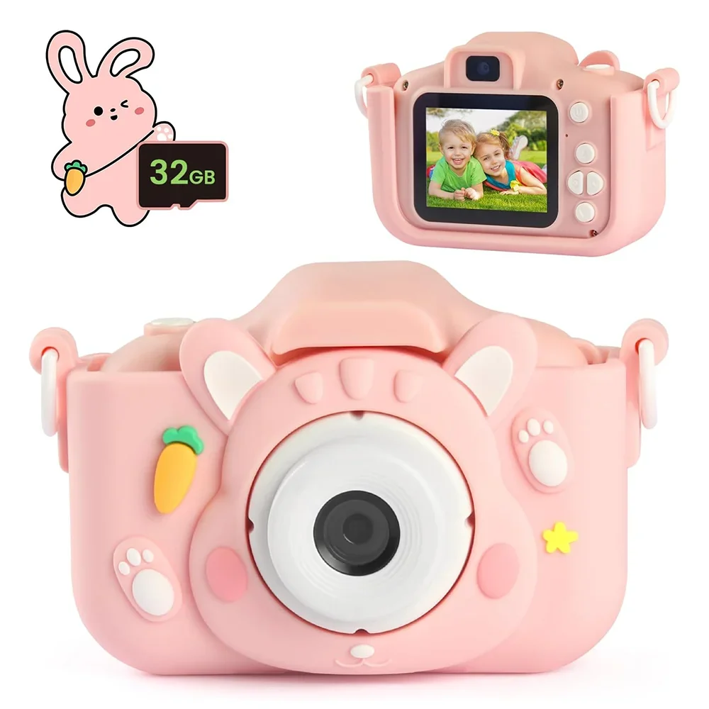 Fotocamera digitale per bambini giocattoli 1080P schermo da 2.0 pollici custodia per coniglio cartone animato scheda da 32GB per regali Festvial di