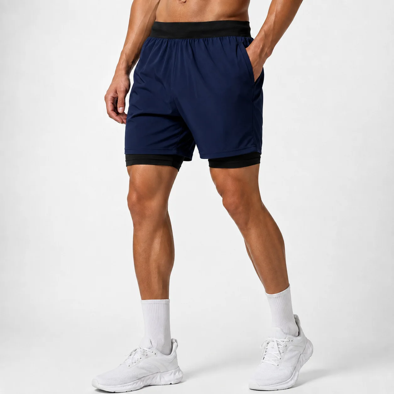 Men's Reflective Print Shorts, Double-Layer Two-in-One, with Elastic Snug Control Running Shorts, Summer Fake Two-Piece Pants
