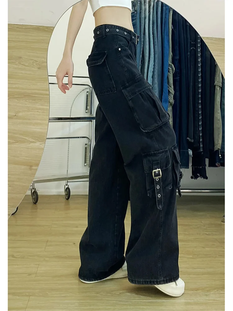 

American High Street Sle Loose Wide Leg Workwear Denim Jeans Women's Street Design High Waist Multi-ket Trousers