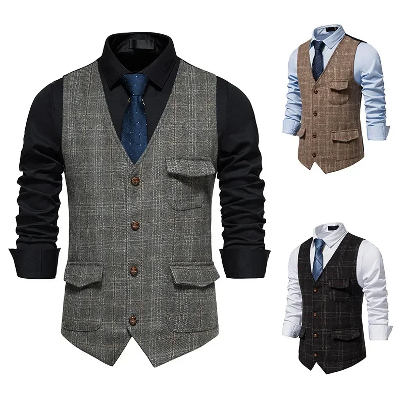Gilet da uomo Cappotti scozzesi Senza maniche Monopetto con scollo a V Blazer Casual Giunzione regolare Semplice Gilet slim fit Cappotto Abiti autunnali