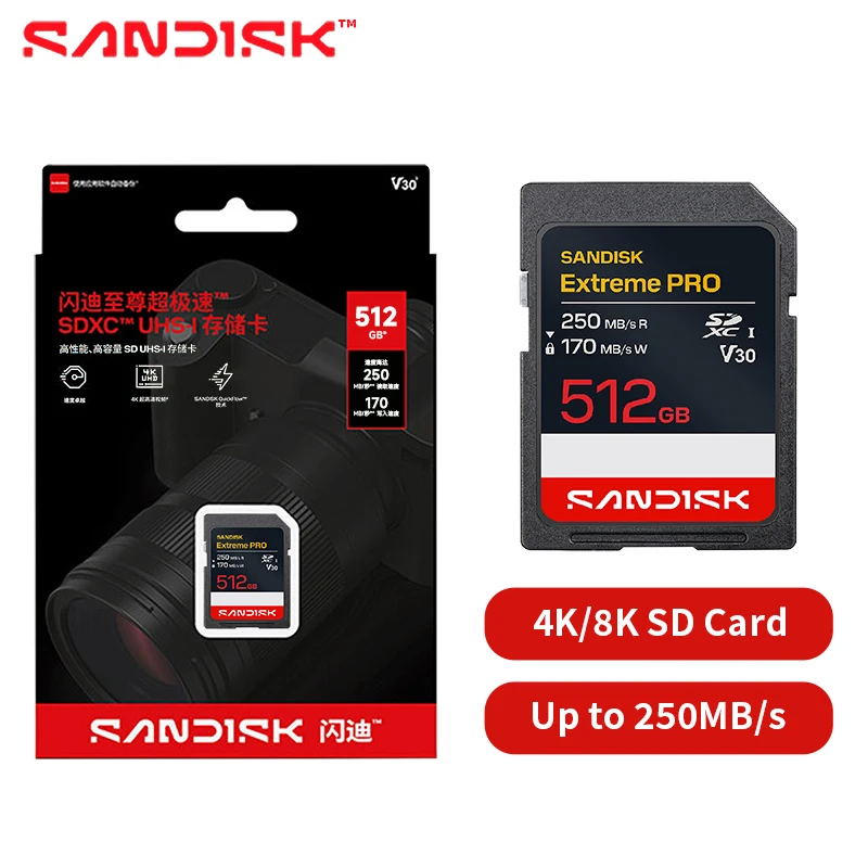SanDisk Extreme Pro SD Memory Card UHS-I V30 U3 High Speed 64GB 128GB 256GB 512GB 250MB/s 4K Video For DSLR Mirrorless Camera