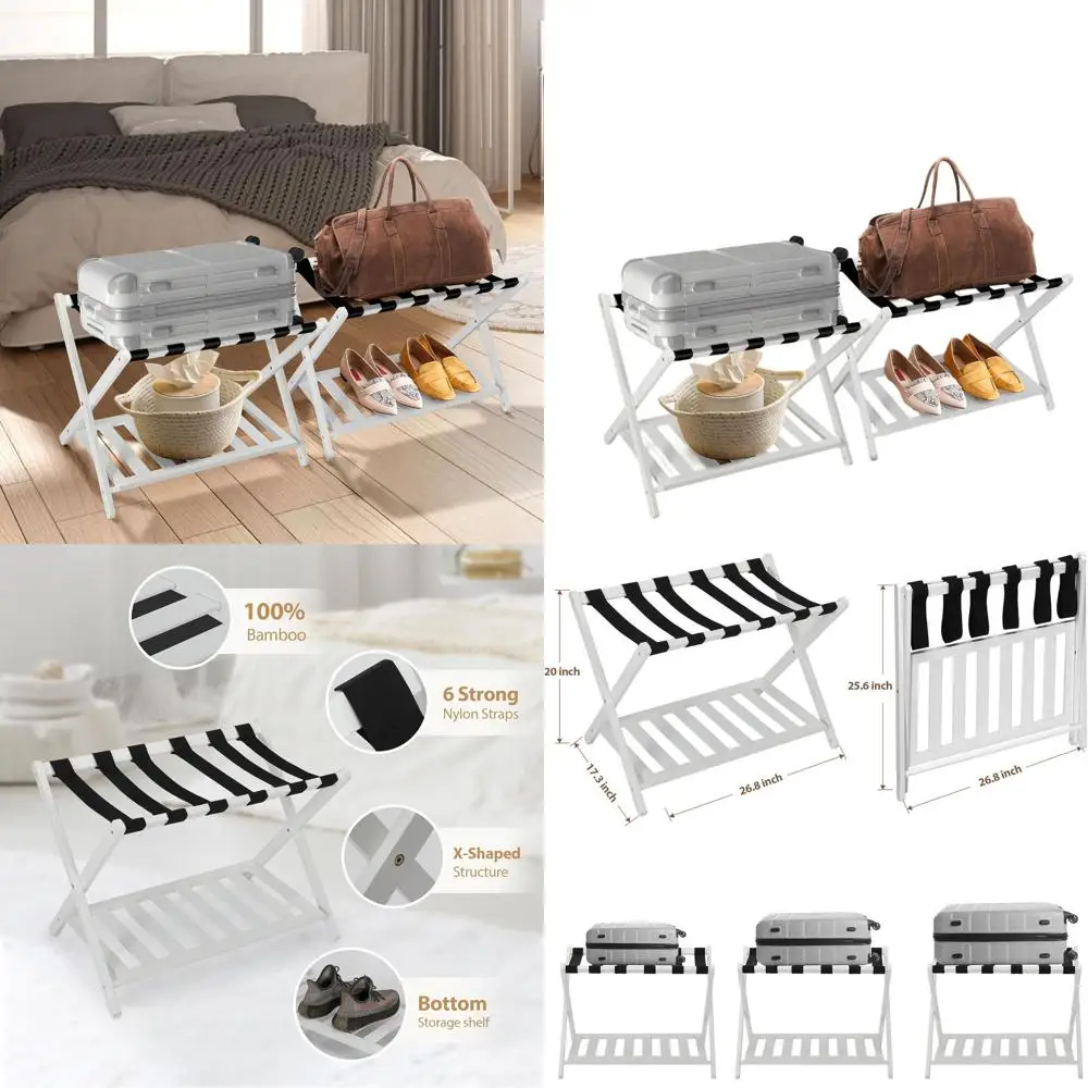

Double Bamboo Suitcase Racks with Storage and 6 Straps, White, Ideal for Hotel Rooms