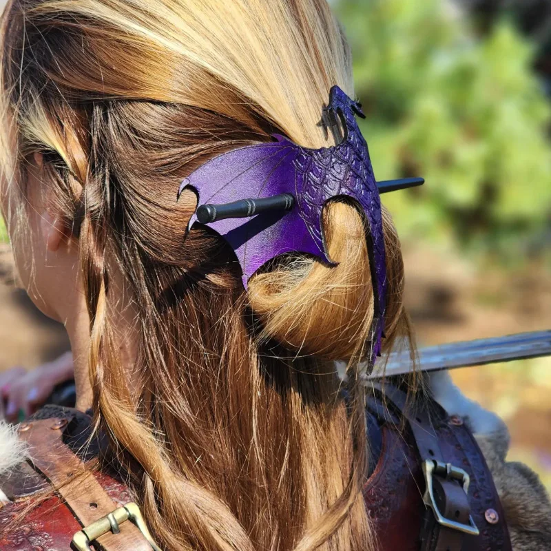 Medieval Dragon Hair Stick with Wooden Pin–Cosplay Accessory–Carved Leather Dragon Hair Ornament–Viking Fantasy Hair Accessory view 2
