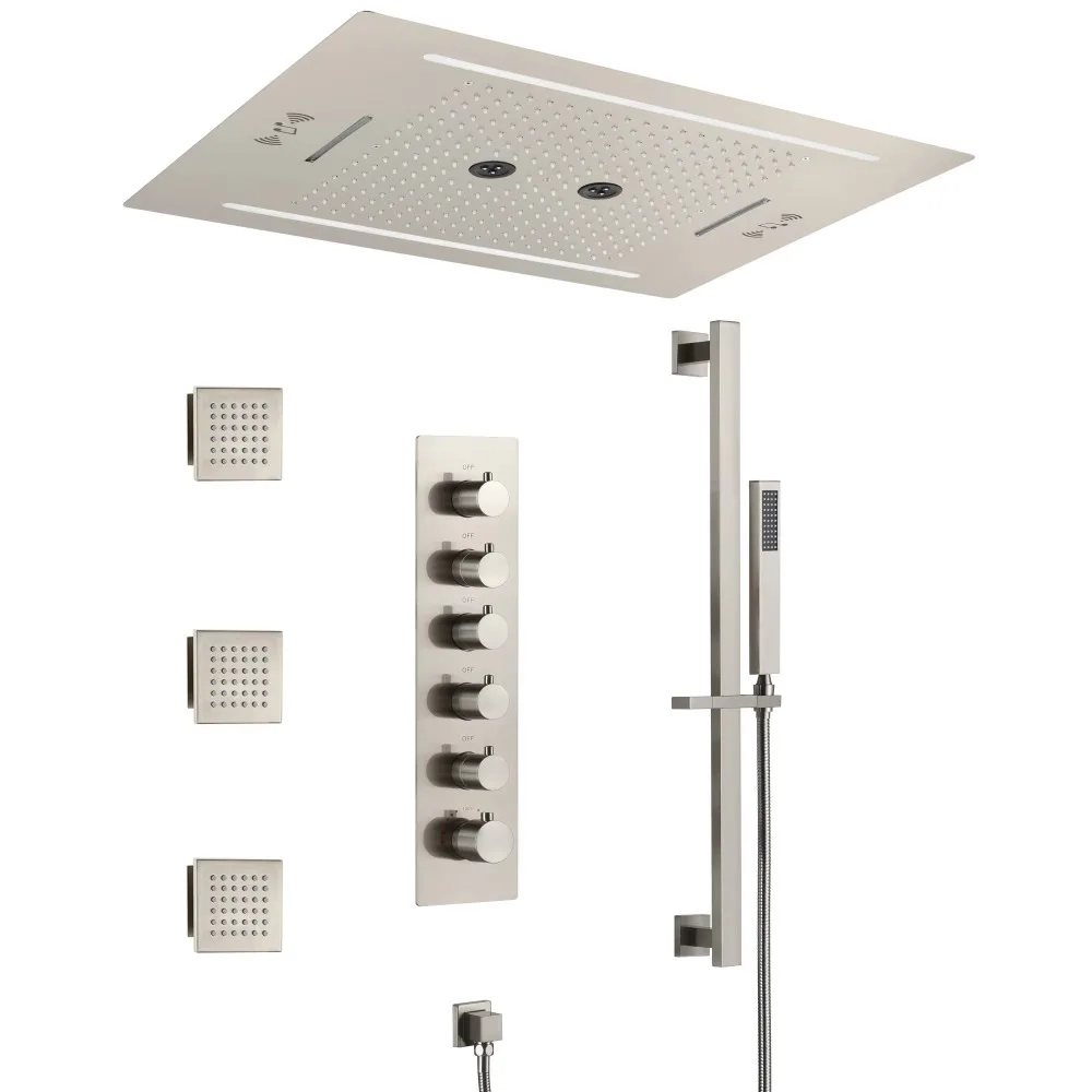 Nickel Brush 5 Functions Stainless Steel Rain Spray Electric Shower Faucet with Music for Hotel Bathrooms