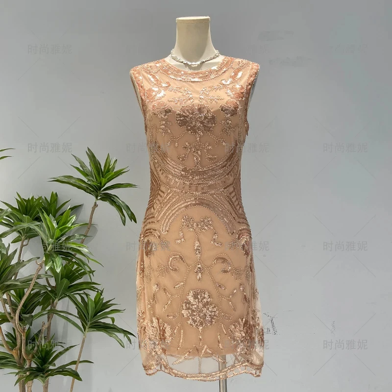 French Style Heavy Embroidery Sequins Beaded Dress Sleeveless Sexy Slim O-neck Tank Vestido Suitable For Party Banquet Dresses