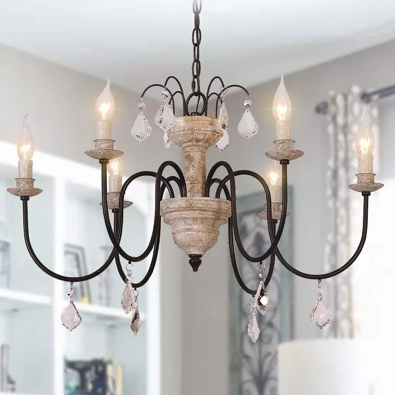 

Creative American Rural Retro Wood Chandelier French Living Room Dining Room Bedroom Clothes Shop 6 Heads E14 Candle Light