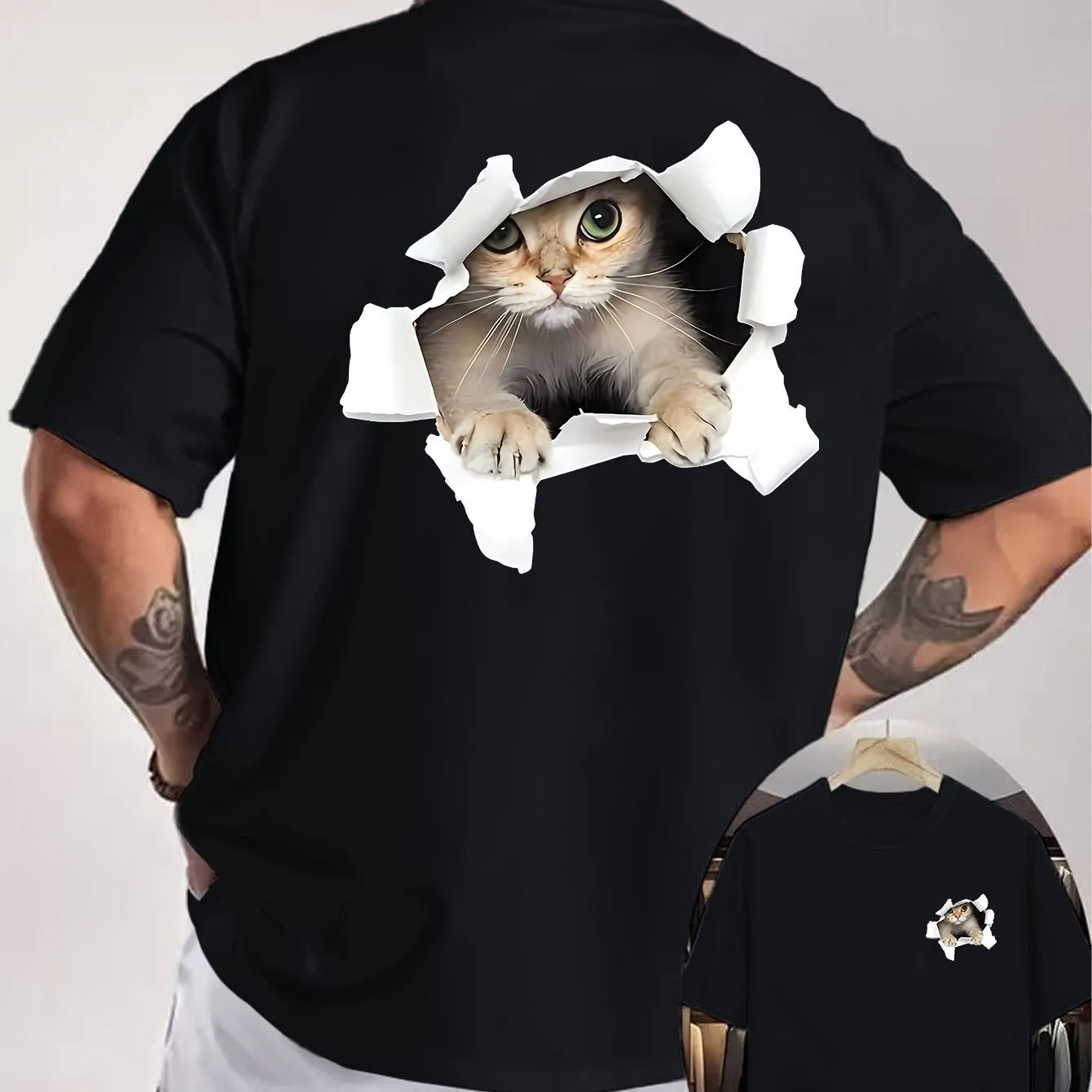 3D Cat Tearing Paper Graphic Tee Men Casual Short Sleeve Cotton Crewneck T-Shirt