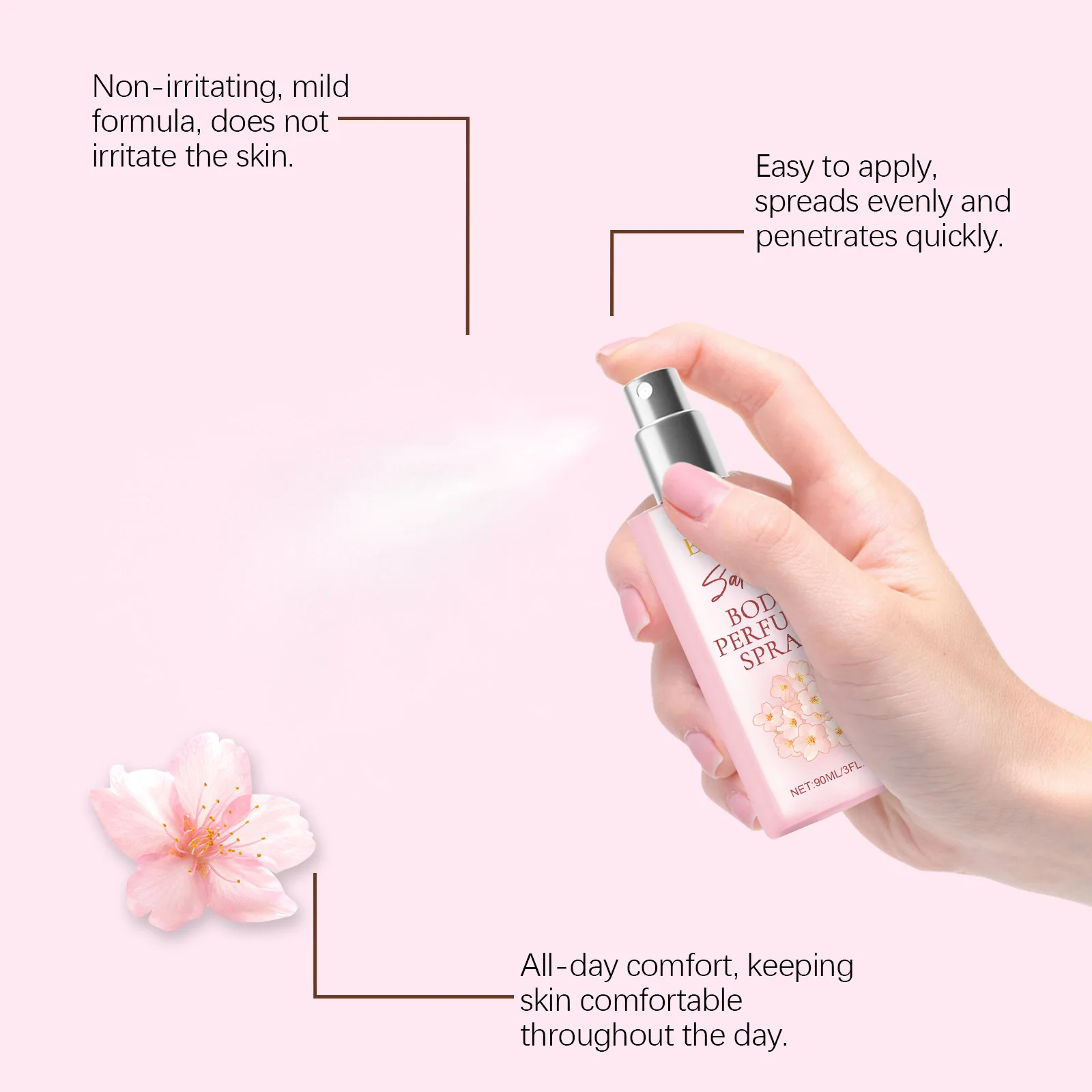 Sakura-Long Lasting Body Perfume Spray para Mulheres, Fragrância, Remoção de Odor nas axilas, Pele fresca Hidratante, Refrescante