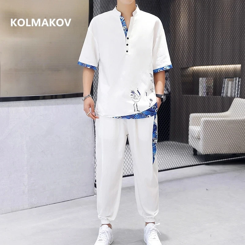 Shirts + Pants 2024 summer Cotton short sleeve Sportswear Men's Casual Sets Male Fashion trousers and shirts men size M-4XL