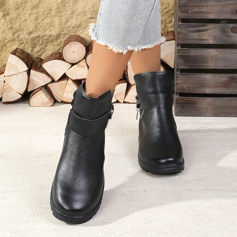 Sepatu Bot Hangat Berlapis Bulu Musim Gugur & Musim Dingin - Sepatu Nenek dengan Ritsleting Samping Anti Selip, Alas Kaki Bergaya Serbaguna untuk Usia Paruh Baya & Lansia