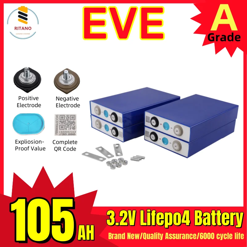 Ritano Ev e 3.2V 105Ah Rechargeable Lithium Ion Batteries Lifepo4 Battery 105Ah Prismatic Cell Solar Energy Storage Battery