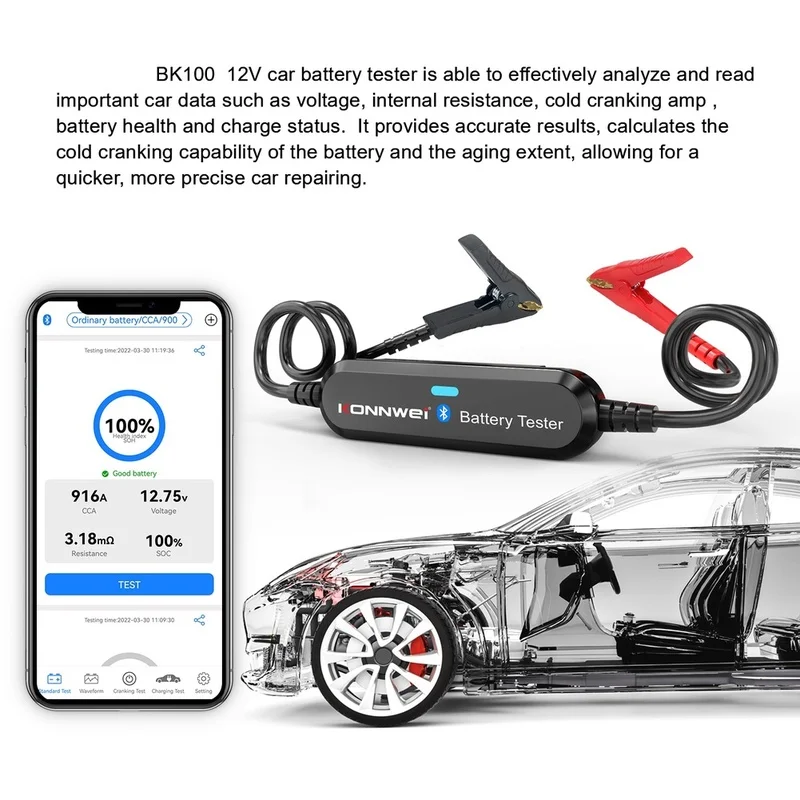 Super Sale KONNWEI BK100 Car Wireless BT Battery Tester 100-2000 CCA 6V 12V Battery Detector Battery Cranking Charging Analyzer,