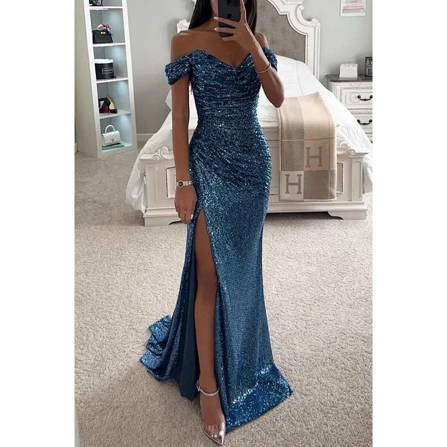 Autumn Sexy Off Shoulder Sequin Evening Dress Women Fashion Elegant Slash Neck Split Floor Sequin Party Dress Women