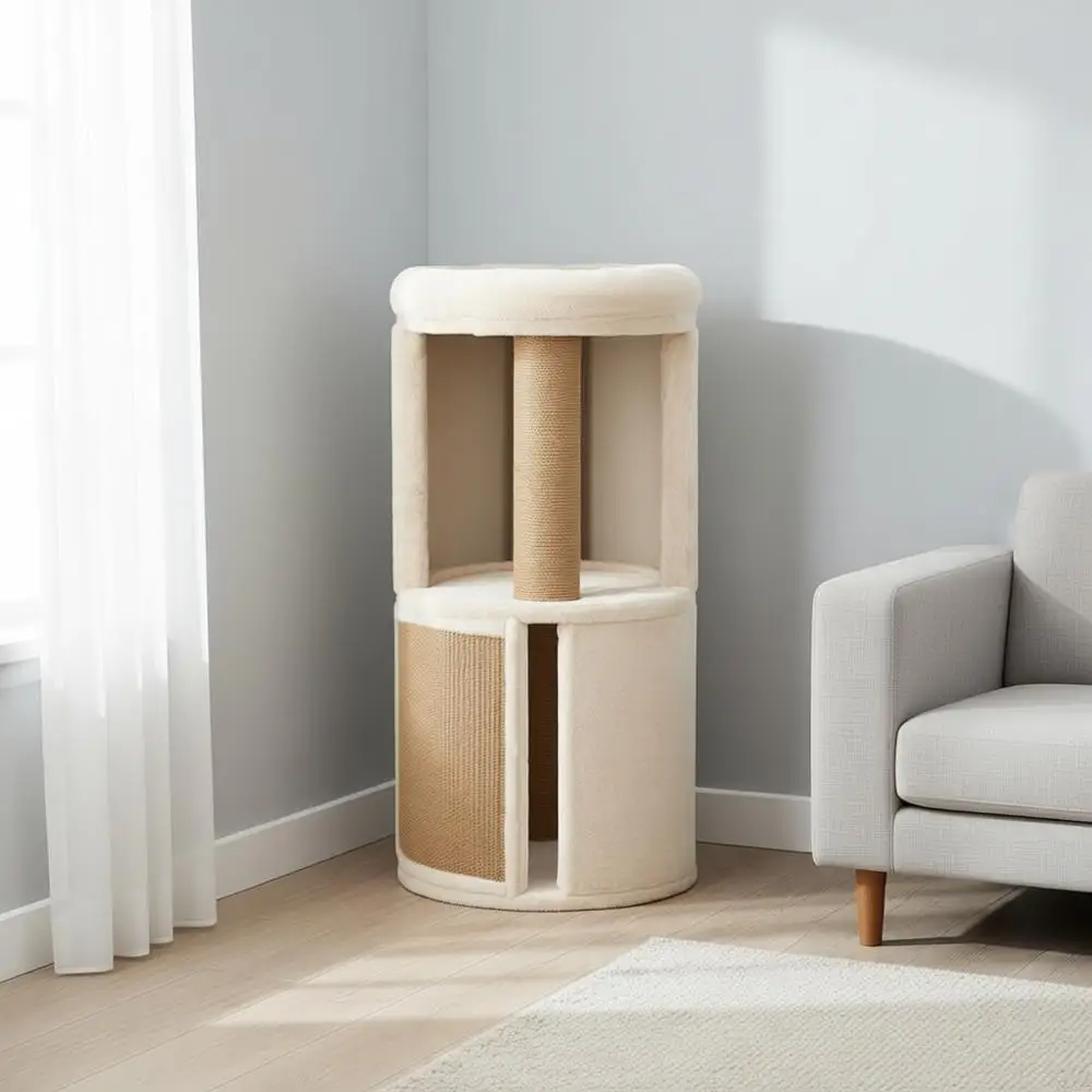 Cat Tree with Thick Sisal Posts, Caves, Platforms & Hanging Toy – Durable Cat Furniture for Indoor Cats – Beige, 15.7 x 15.7 x 3