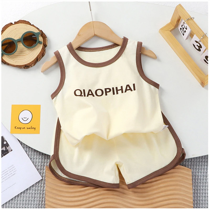

18M-7T summer children kids boys girls cotton sport vest shorts sets suits