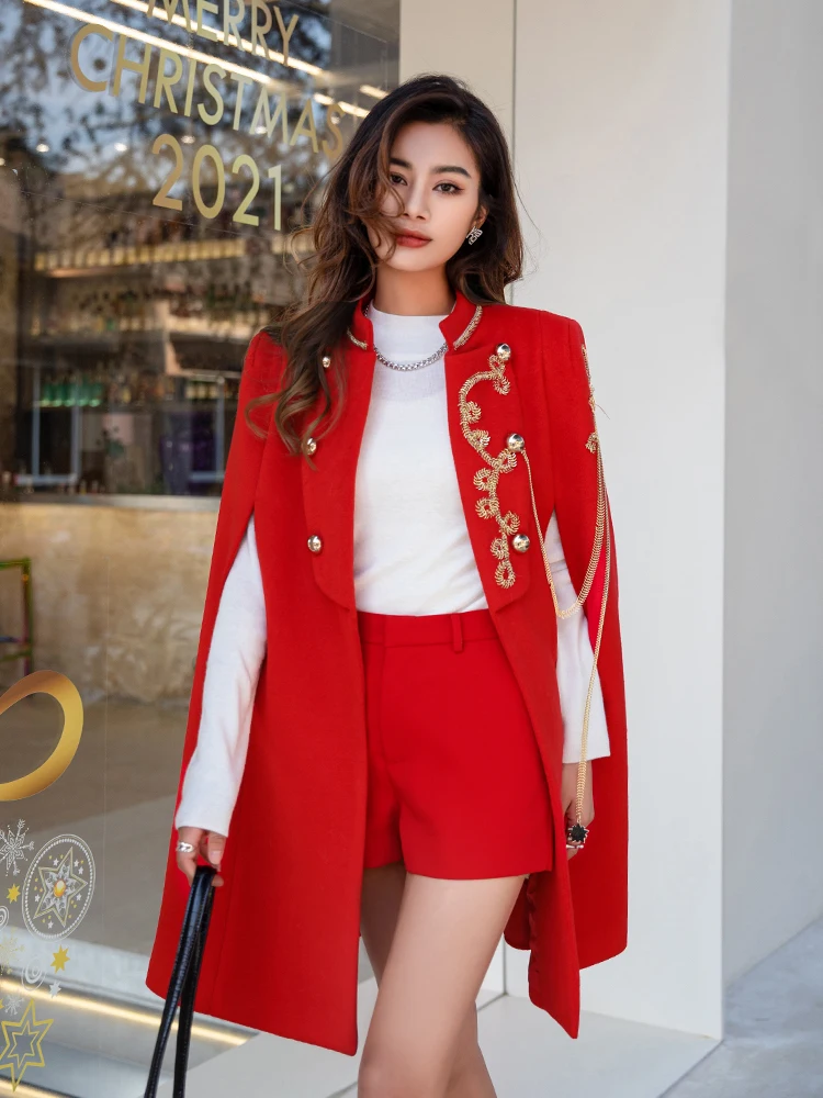 Red Cape Coat Women's Mid-Length 2024 Autumn Winter High-End Fashion British Style Embroidered Loose Elegant Woolen Jackets