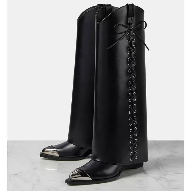 2024 Spring New Metal Pointed Slope Heel Trouser Boots with Metal Rivets/Cross Lacing/Bow/Black Fashion Banquet High Boots Large