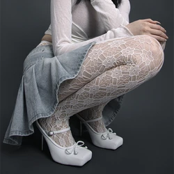 Newest White Flower Pantyhose Hollow Jacquard Mesh Stockings Lolita Spicy Girl Fishing Net Jumpsuit Women's Thigh High Tights