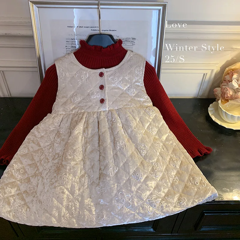 

Корейская версия, осенне-зимнее хлопковое платье-жилет для девочек, вязаный топ без бархата, модный и стильный комплект из двух предметов