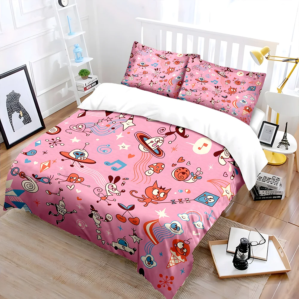 Cartoon Fun Doodles on Pink Background Bedding Set 1 Duvet Cover 2 Pillowcases for Adult and Children Luxury Gift Full Size