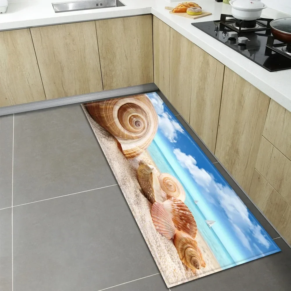 Non Slip Washable Ocean Pattern Runner Mat Shell Starfish Beach Design Rug for Kitchen Hallway Corridor Home Decor Floor Carpet