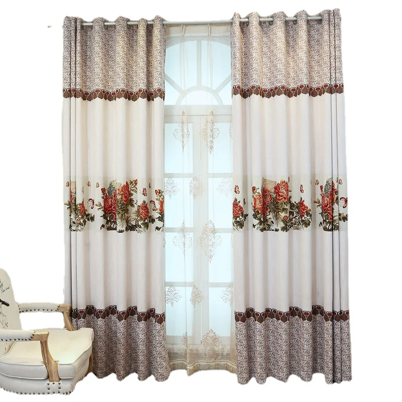 New China Peony Embroidery Curtain Living Room Bedroom Cotton Linen Embroidery Curtain Jacquard Blackout Curtain Window Screen