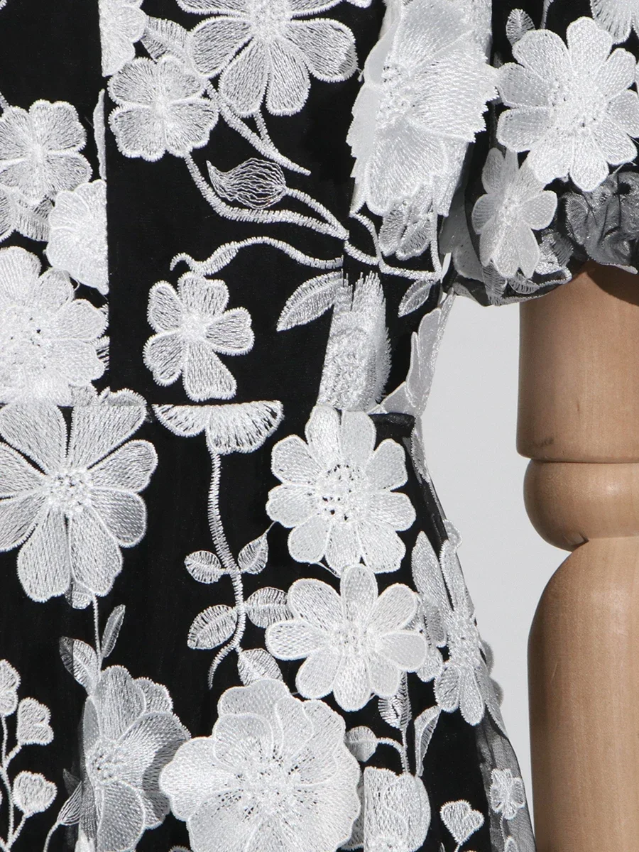 CHICEVER Hit Farbe Gespleißt Floral Elegante Mesh Kleider für Frauen V-ausschnitt Kurzarm Hohe Taille Temperament Kurzes Kleid Weibliche