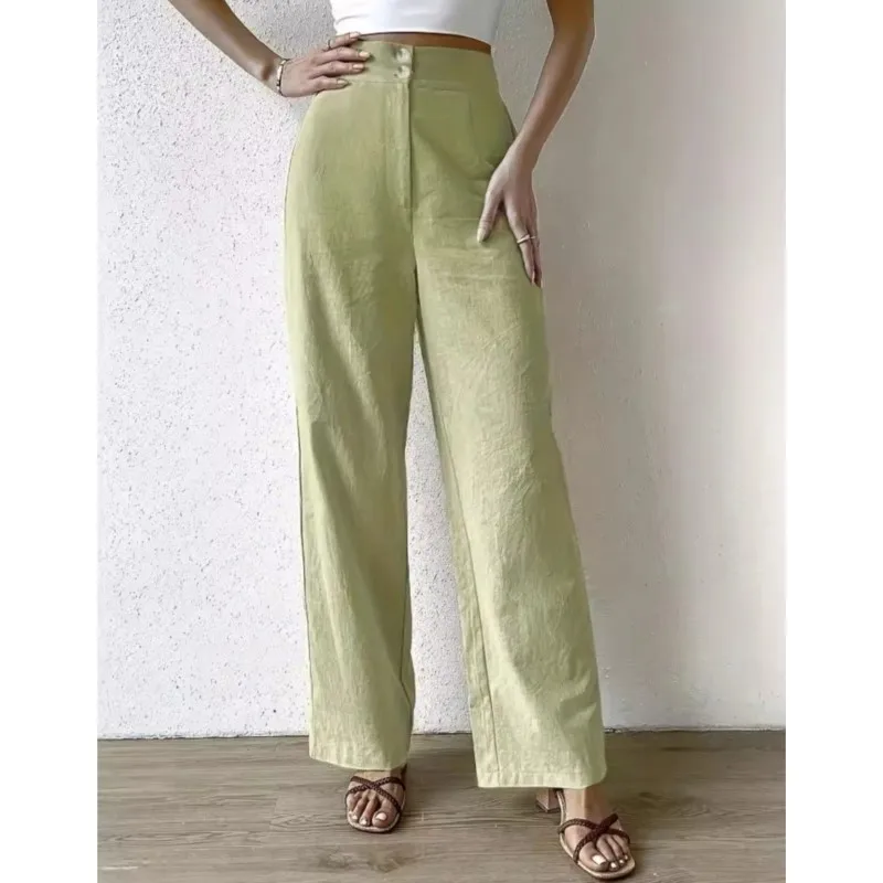Women's Cotton Linen Wide Leg Pants 2025 Summer Fashion Straight Leg Pants New Lady High Waisted Casual Pants Female Clothing