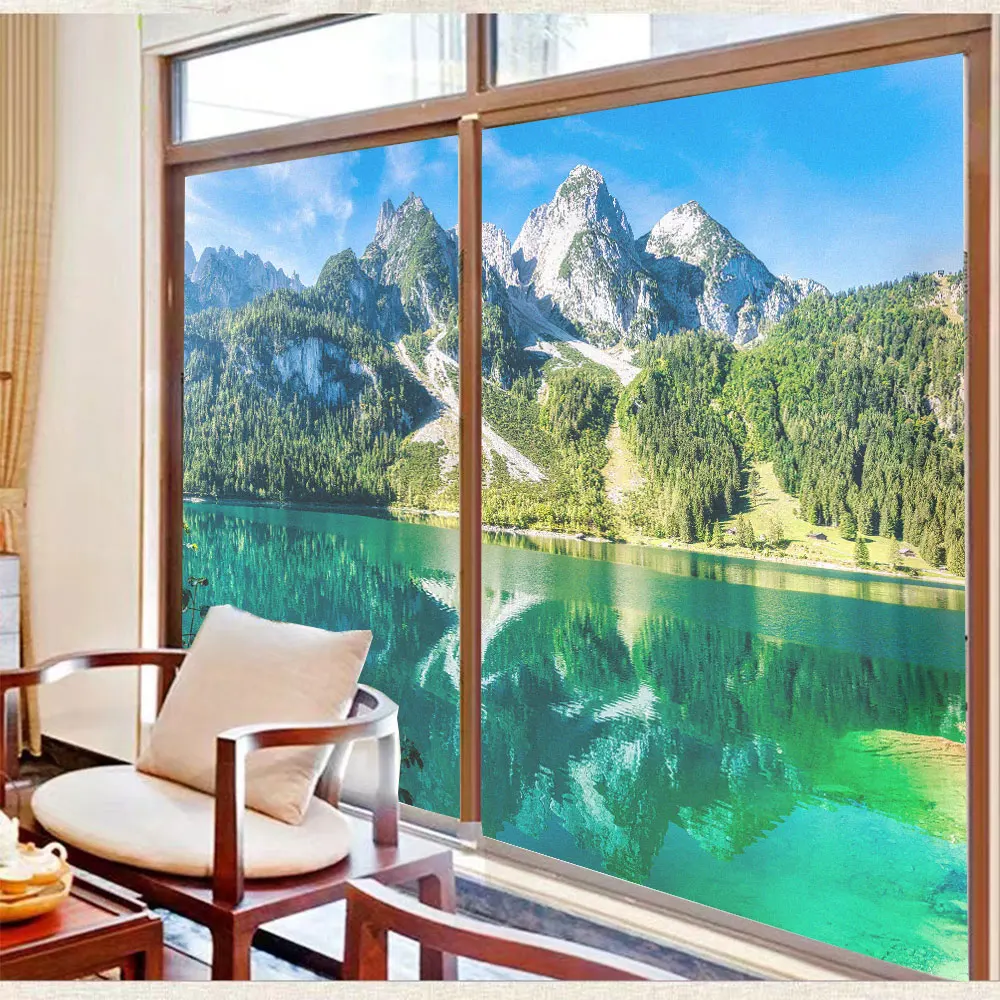 View of Green Lake Pattern Privacy Window Film Anti UV Frosted Glass Window Sticker Non-Glue Static Cling Glass Door Film