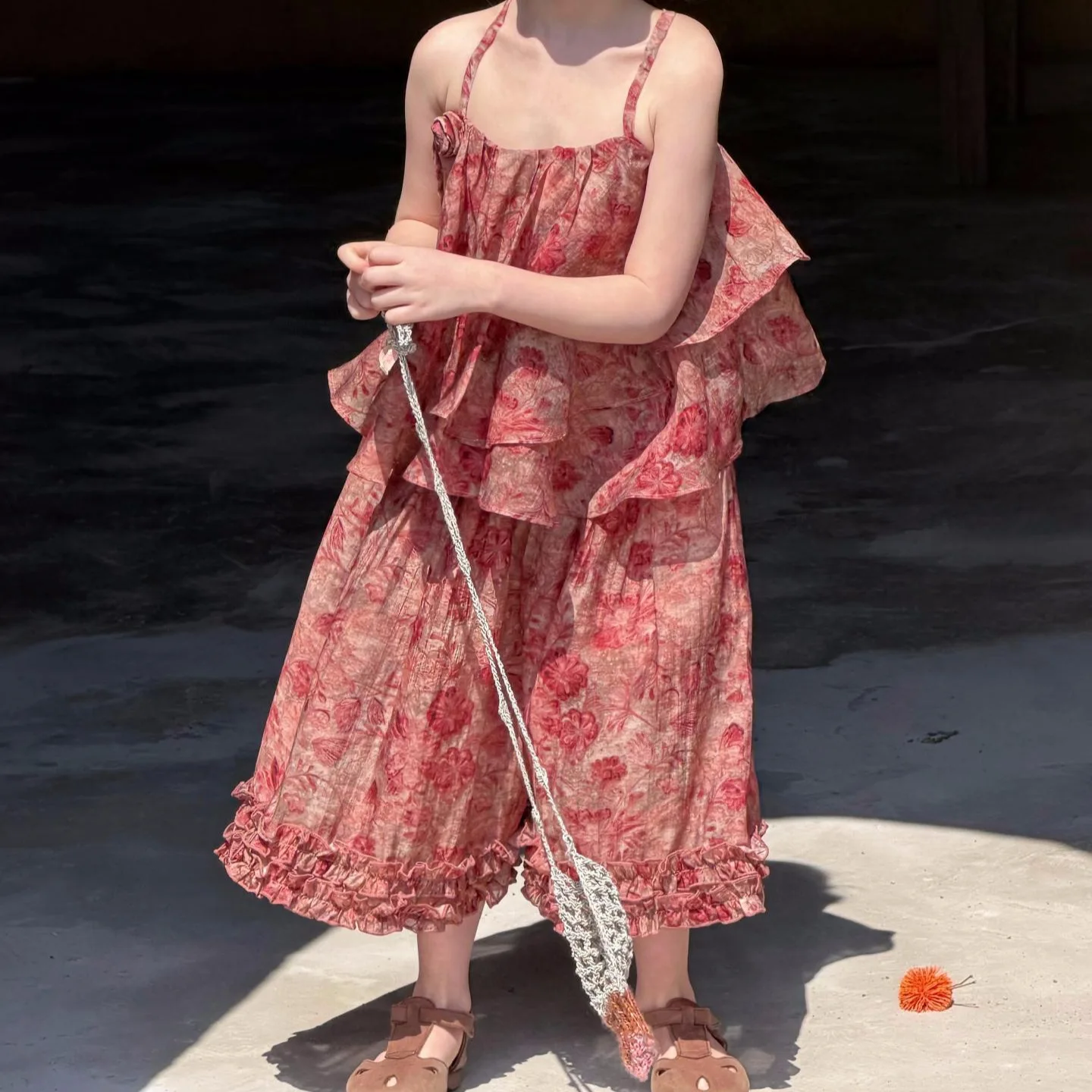 Korean Children Clothing 2026 Summer New Girls Set Camisole Top Wide Leg Pants Two-piece Set Retro Fashion