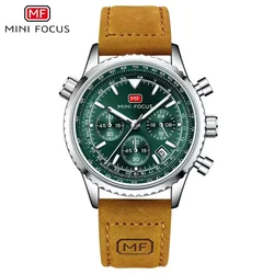 MINI FOCUS Men Leather Strap Waterproof Multifunction Wristwatches with Auto Date 24-hour Chronograph Quartz Watch 0463G