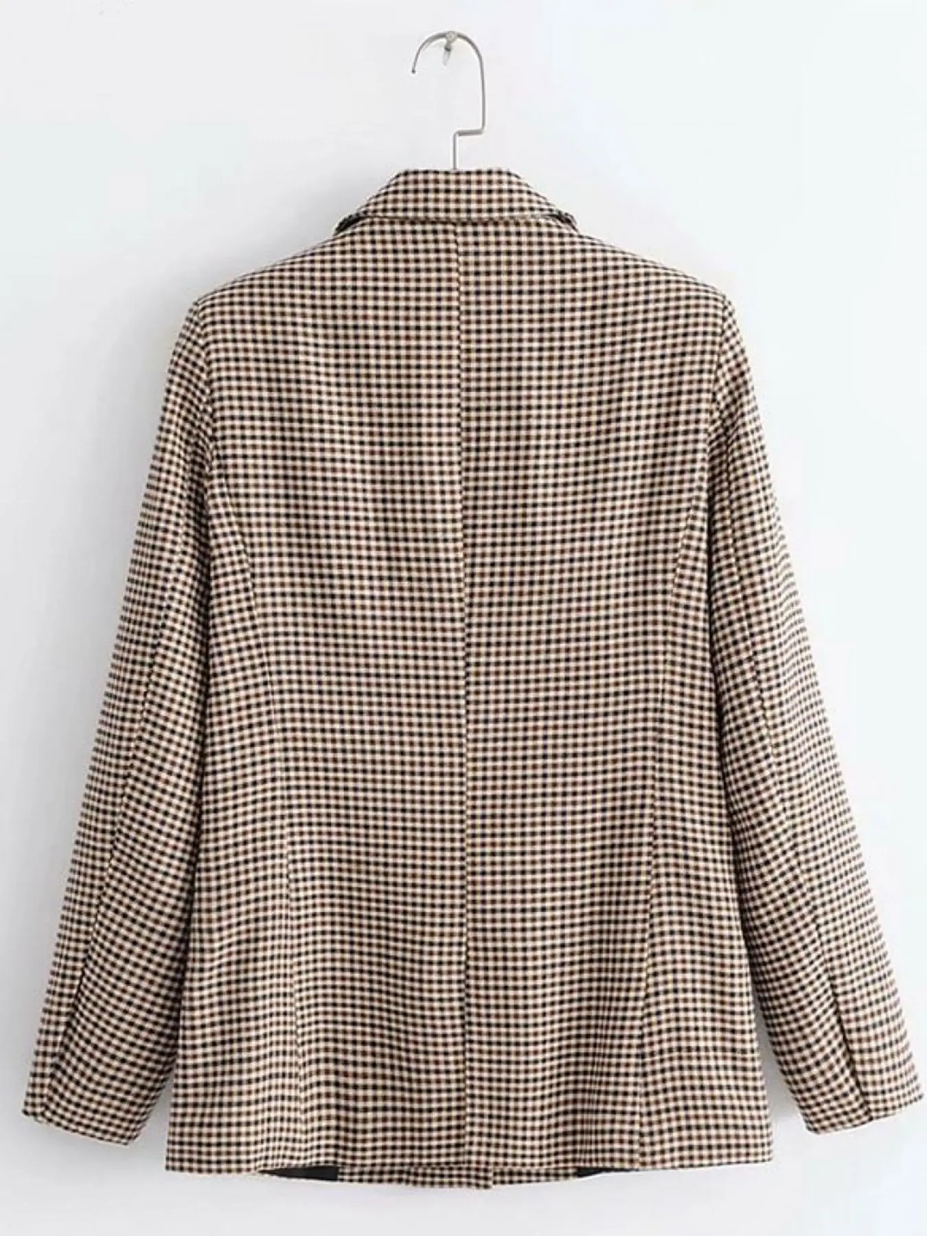 Women Plaid Blazer Double Breasted Notched Lapel Long Sleeve Vintage Houndstooth Checkered Oversized Suit Jacket Office Casual O