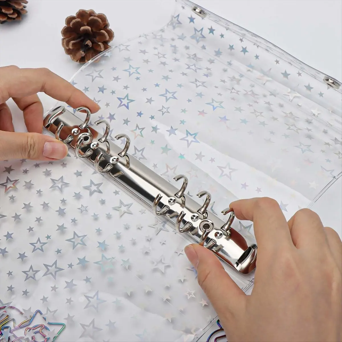 Latest ABBQ-A6 Budget Binder Cover Clear PVC 6 Ring Binder Glitter Star Refillable Notebook Shell Protector with 2 Snaps