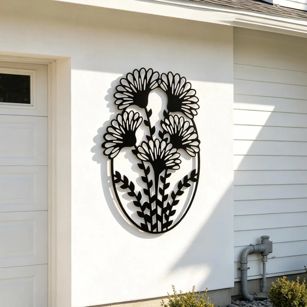 Daisy Floral Oval Metal Wall Art, 2D Flat Laser Cut Botanical Silhouette Wall Sculpture, Minimalist Neutral Boho Style