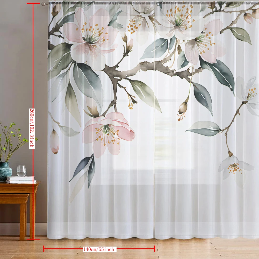 2PCS Home decoration pink and white peach blossom printed window screens with pole bags, suitable for kitchens, cafes,living