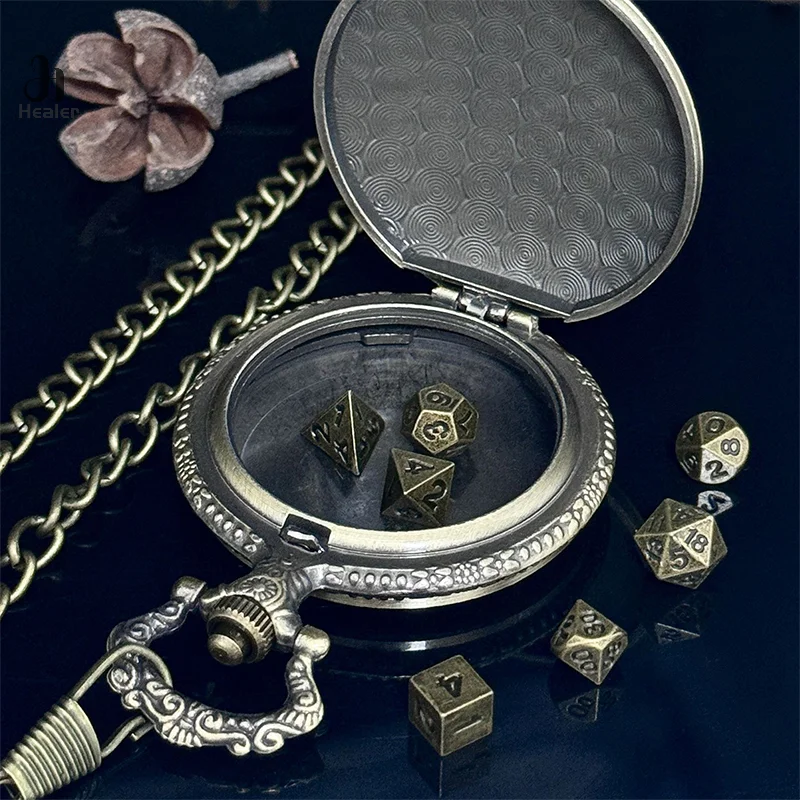 1Set Metal Mini Archaized Board Game Dice And Pocket Watch Set Polyhedral Table Game Dice Role-Playing Accessories Gifts