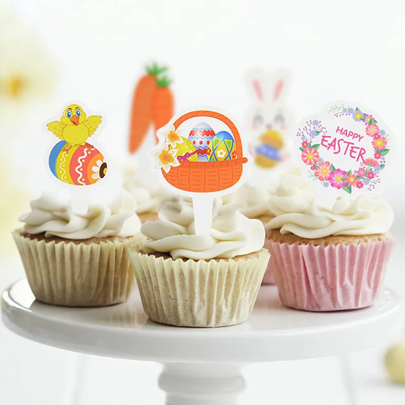 

12pcs Easter Bunny Cupcake Toppers Cute Rabbit Chick Eggs Printed Cake Topper Happy Easter Party Birthday DIY Dessert Decoration