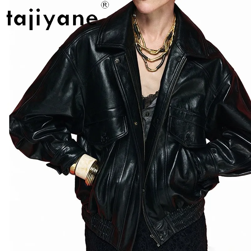 TAJIYANE Oil Wax Sheepskin Leather Coats Genuine Leather Jacket Women Top Oversized Jackets Lapel Moto Biker Outwear Streetwear