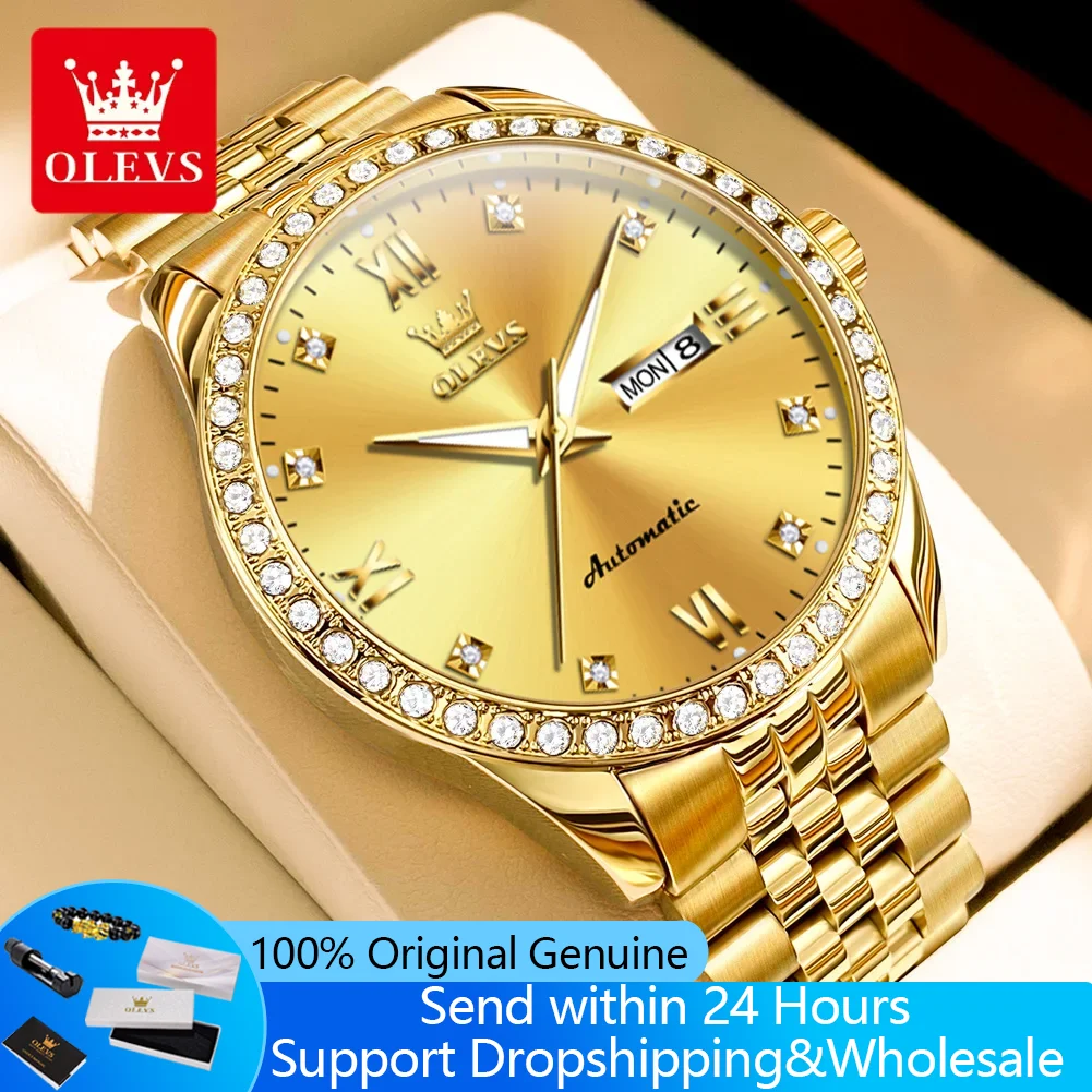 

OLEVS 7012, мужские автоматические часы с двойным календарем, механические часы с ромбовидной шкалой для мужчин, роскошные водонепроницаемые светящиеся наручные часы для платья