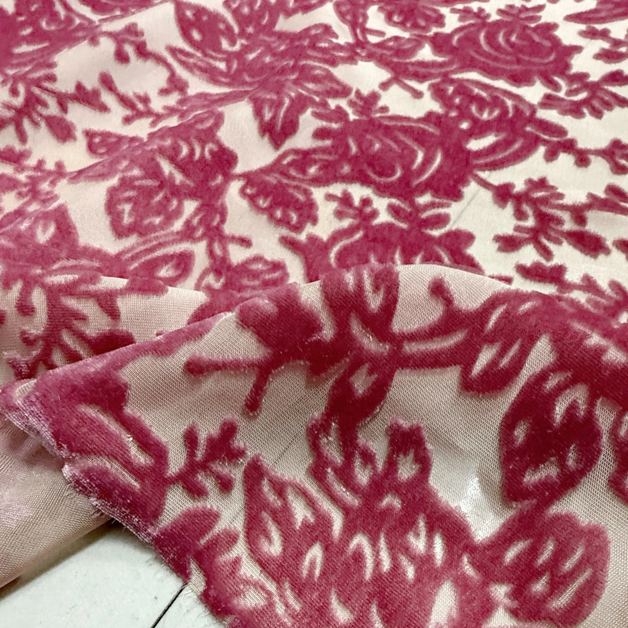 Leather Red Rose Silk Etched-out Velvet Fabric Silk Flower Cotton Velvet Micro Transparent Dress Cheongsam Formal Dress Fabric