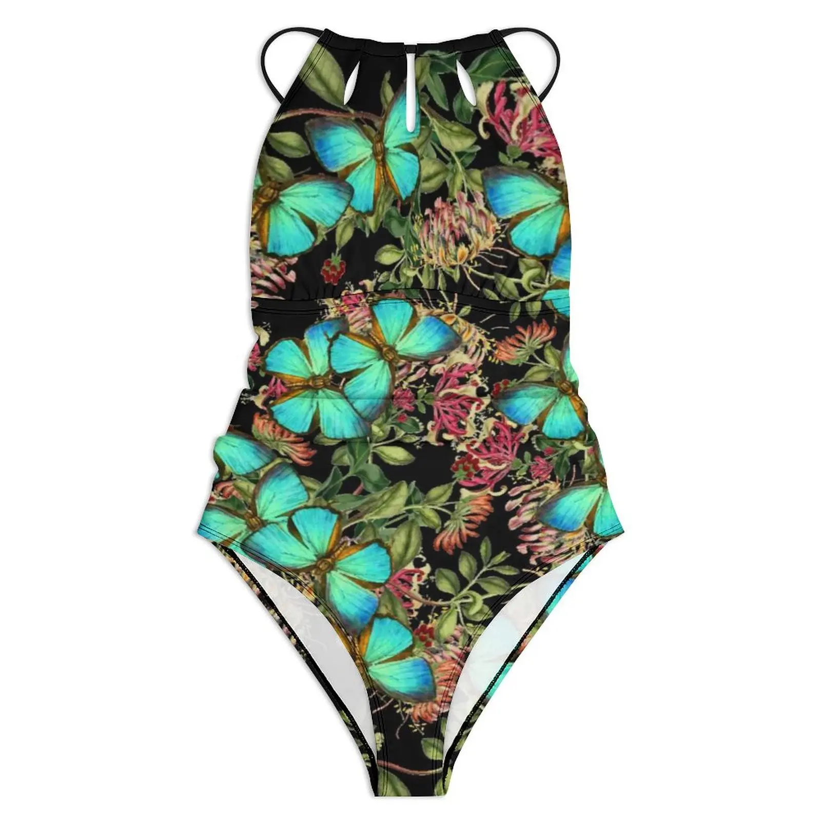 Cute Animal Print Swimsuit Teal Butterflies Floral Swimwear One Piece Beach Swimsuits Halter Bathing Suits Push Up Beach Wear
