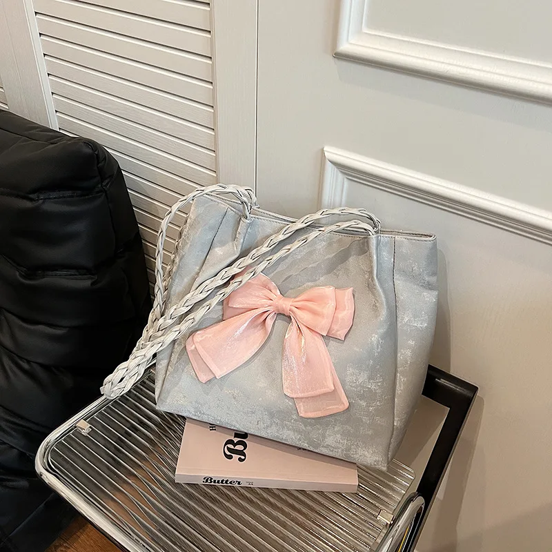 

Женская модная универсальная сумка-тоут большой вместимости, износостойкая сумка из искусственного бархата со светоотражающей отделкой и бантом, тканый ремешок