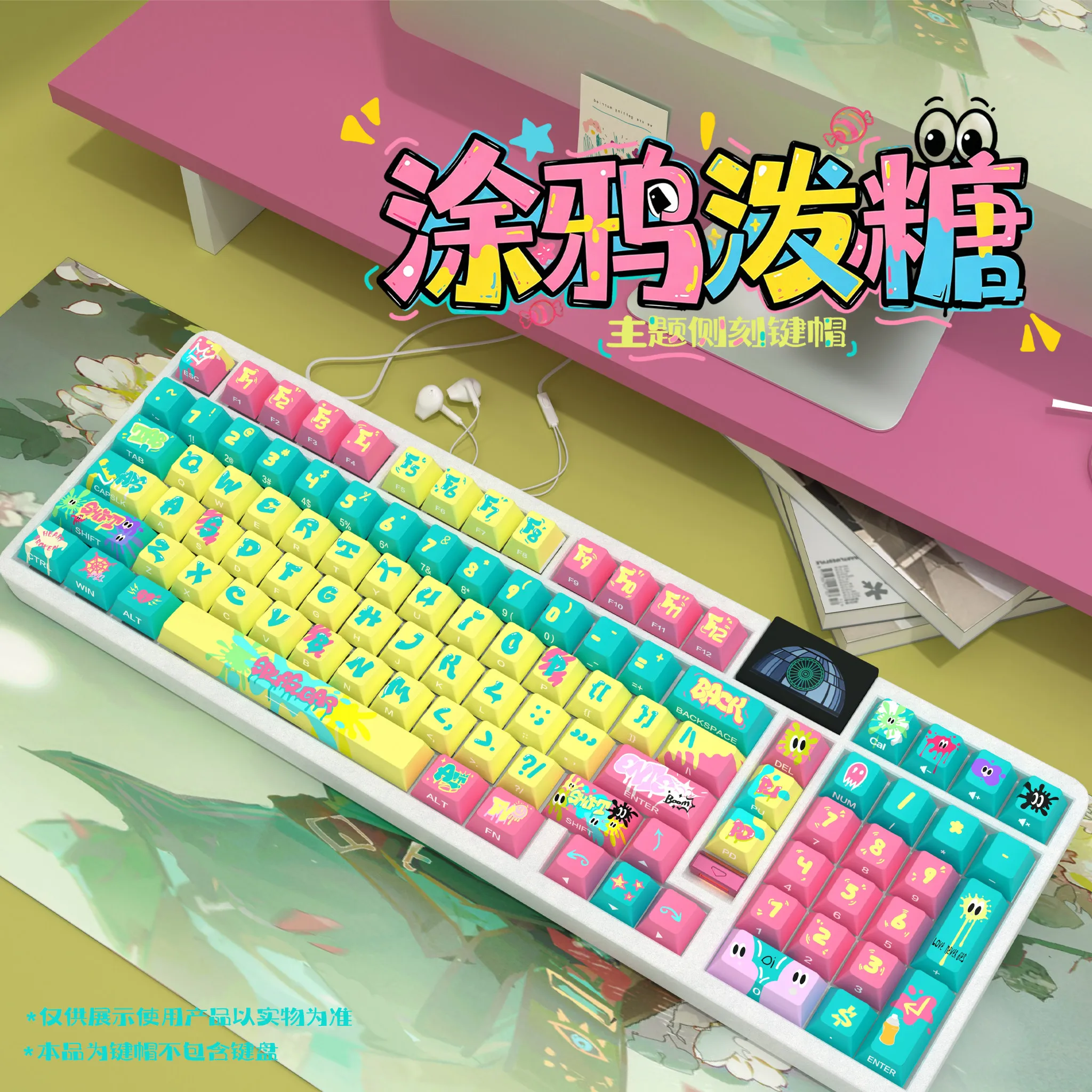 Full Set of Graffiti Splashing Sugar Keycaps Cherry Side Engraved Transparent Keycaps PBT Dye-Sub for Made68 Mad68 Wooting 60