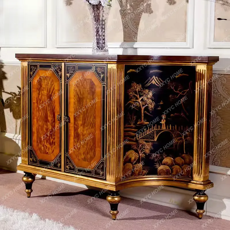 Neoclassical retro solid wood porch cabinet living room wall locker bedroom storage cabinet hand-painted decorative cabinet