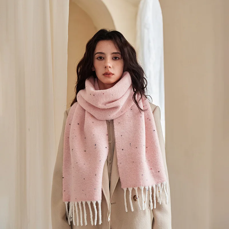 2024Winter New Homemade Women's Scarf with50% Wool Blended Color Dot SpinningYarn Thickened Warm Outer Coat and Cold proof Shawl